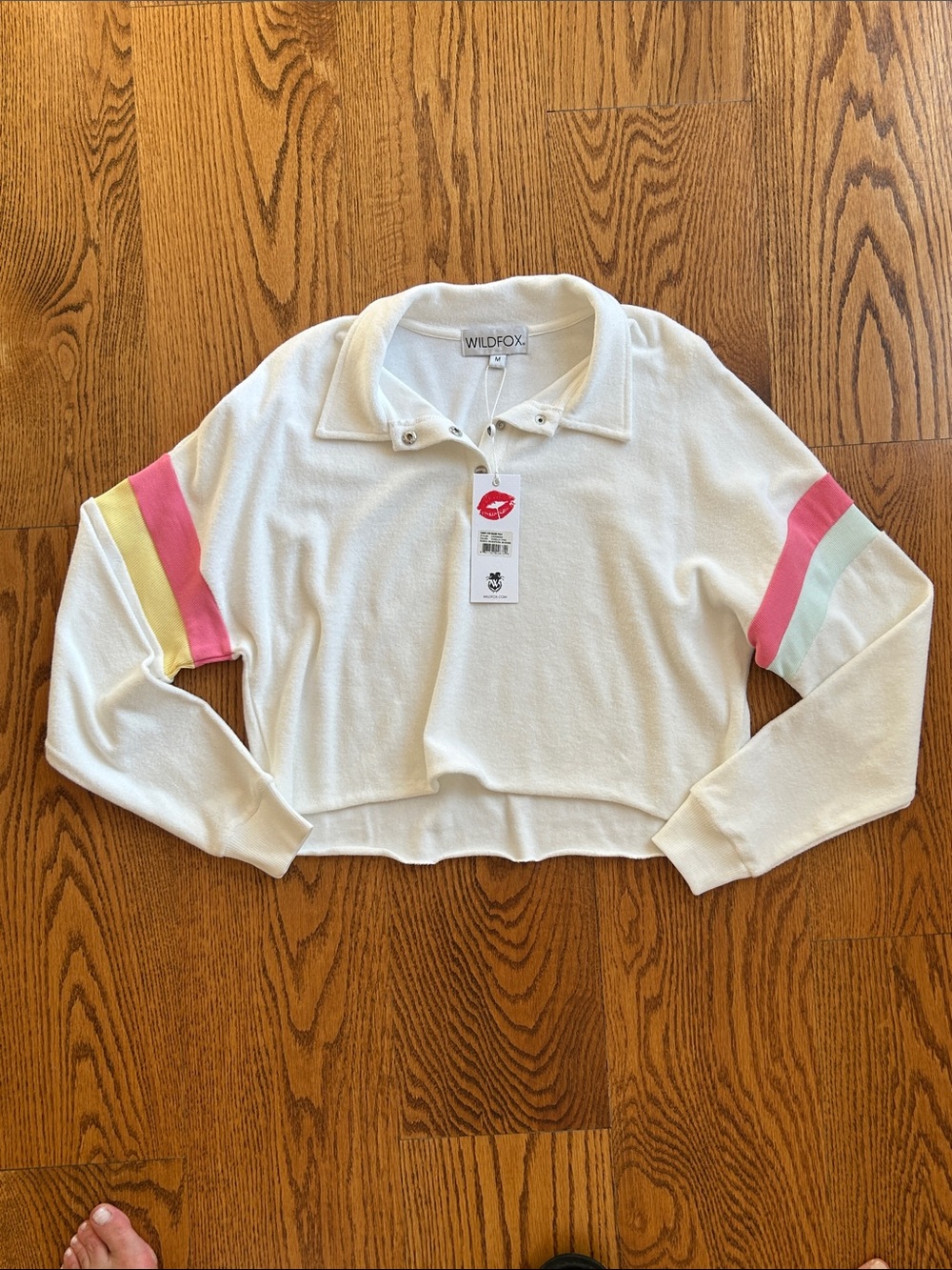Wildfox Cream Cropped Terry Polo Pullover with Pink, Yellow & Mint Stripes